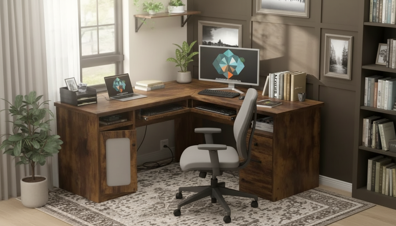 60-Inch L-Shaped Desk with Drawers & Built-In Charging
