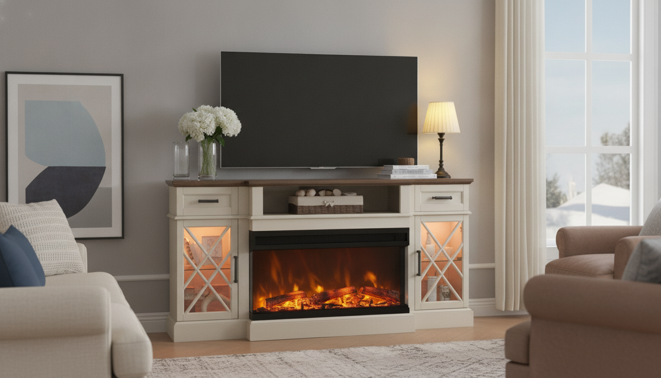Antique White 70-Inch TV Stand with Electric Fireplace